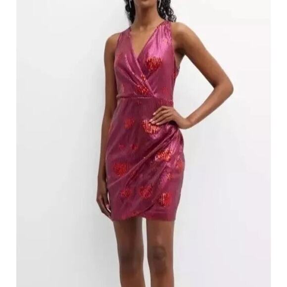 One33 Social Women's Pink Sequin Heart Faux Wrap Mini Dress Size 0 - NWT $355 - Picture 1 of 16